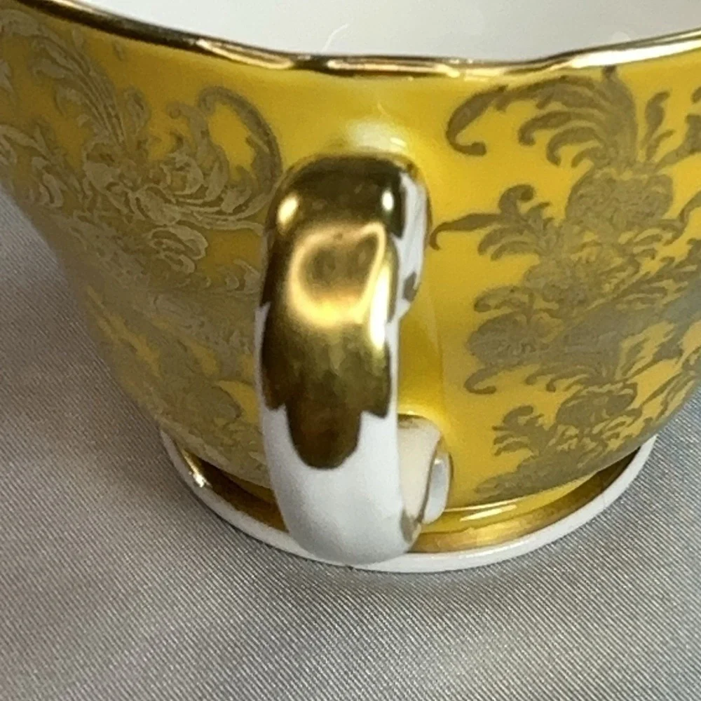 Rare Aynsley Teacup Saucer Mustard Yellow‎ Heavy Gold Scroll England Vtg C869